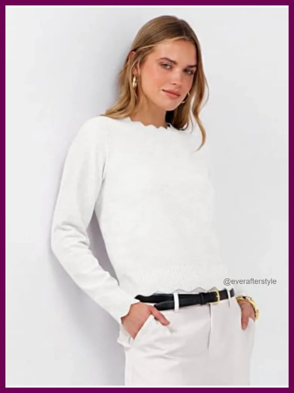 Women's Ribbed Knit Pullover Sweater Lightweight Scallop Edge Long Sleeve